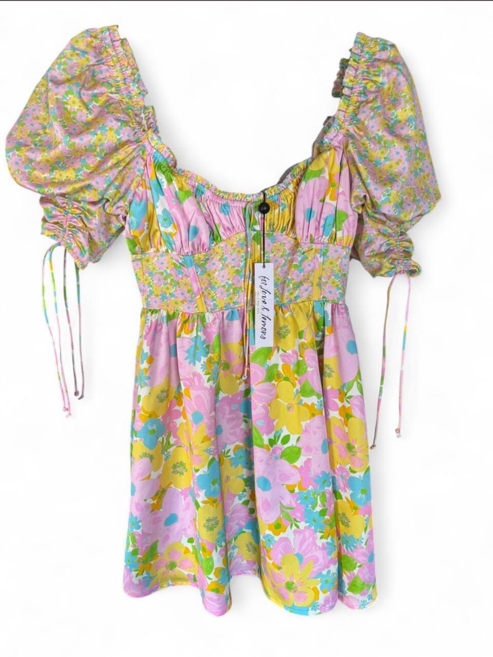 For Love And Lemons Pink, Yellow & Blue Floral Puff Sleeve Dress